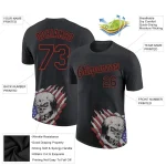 Custom Black Red 3D Skull With American Flag Performance T-Shirt - Image 2