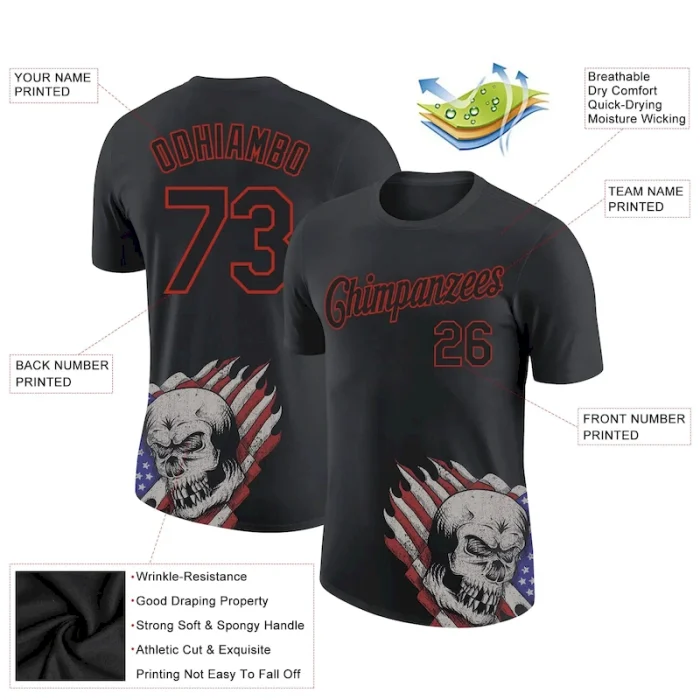 Custom Black Red 3D Skull With American Flag Performance T-Shirt - Image 2