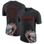 Custom Black Red 3D Skull With American Flag Performance T-Shirt