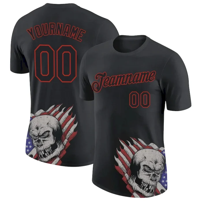 Custom Black Red 3D Skull With American Flag Performance T-Shirt - Image 1