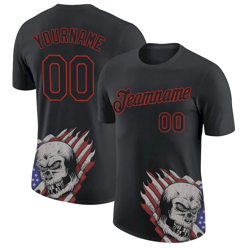 3DPattern3715.webp Custom Black Red 3D Skull With American Flag Performance T-Shirt - Image 1