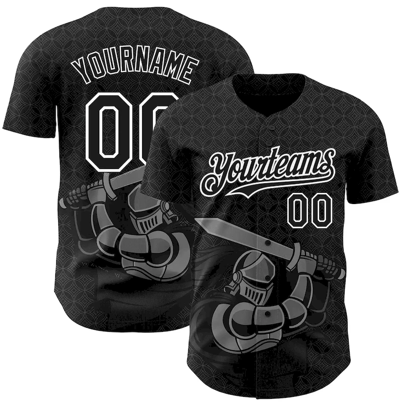 3DPattern5074.webp Custom Black White 3D Pattern Design Knight Hero Art Authentic Baseball Jersey - Image 1