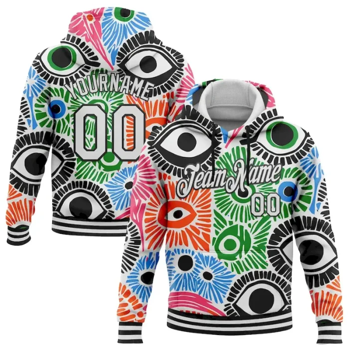 Custom Stitched White Black 3D Pattern Design Evil Eyes Sports Pullover Sweatshirt Hoodie - Image 1
