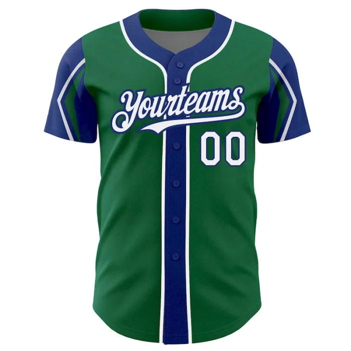 Custom Kelly Green White-Royal 3 Colors Arm Shapes Authentic Baseball Jersey - Image 3
