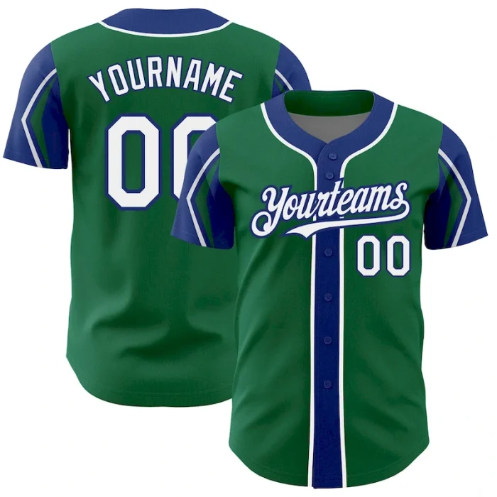 Custom Kelly Green White-Royal 3 Colors Arm Shapes Authentic Baseball Jersey - Image 1