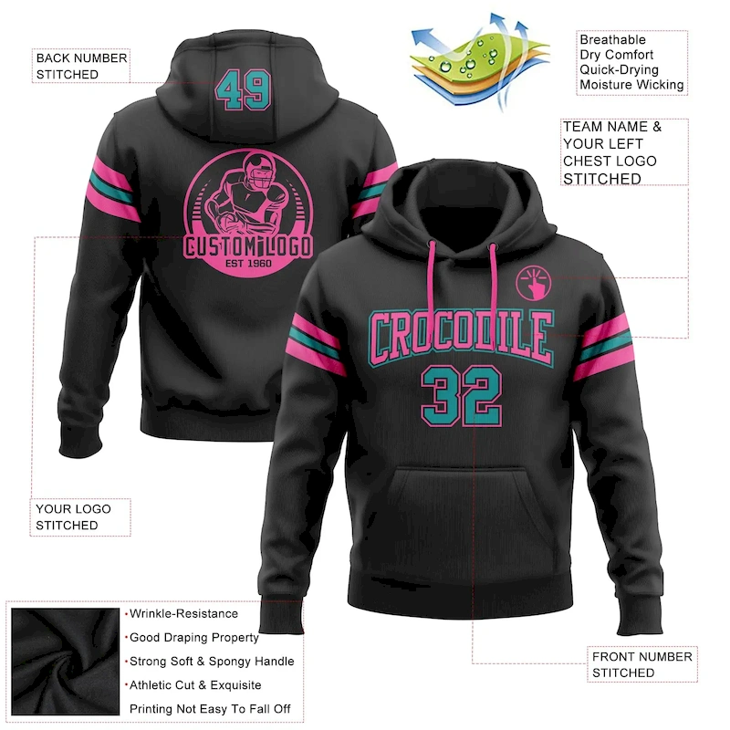Black1749-1.webp Custom Stitched Black Teal-Pink Football Pullover Sweatshirt Hoodie - Image 2