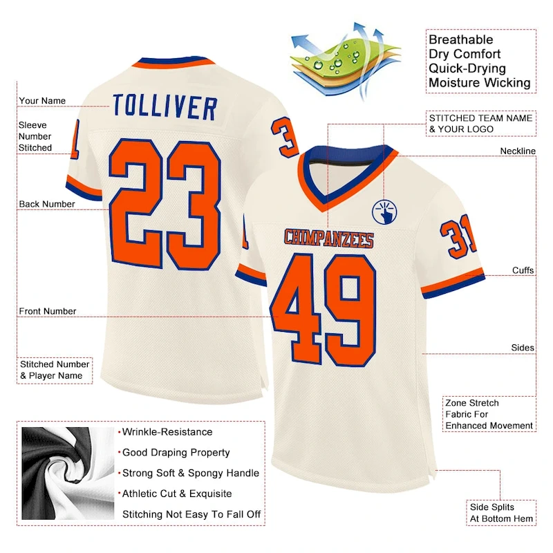Cream0845-1.webp Custom Cream Orange-Royal Mesh Authentic Throwback Football Jersey - Image 2