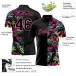 Custom Black Pink 3D Pattern Design Tropical Hawaii Palm Leaves Performance Golf Polo Shirt - Image 4