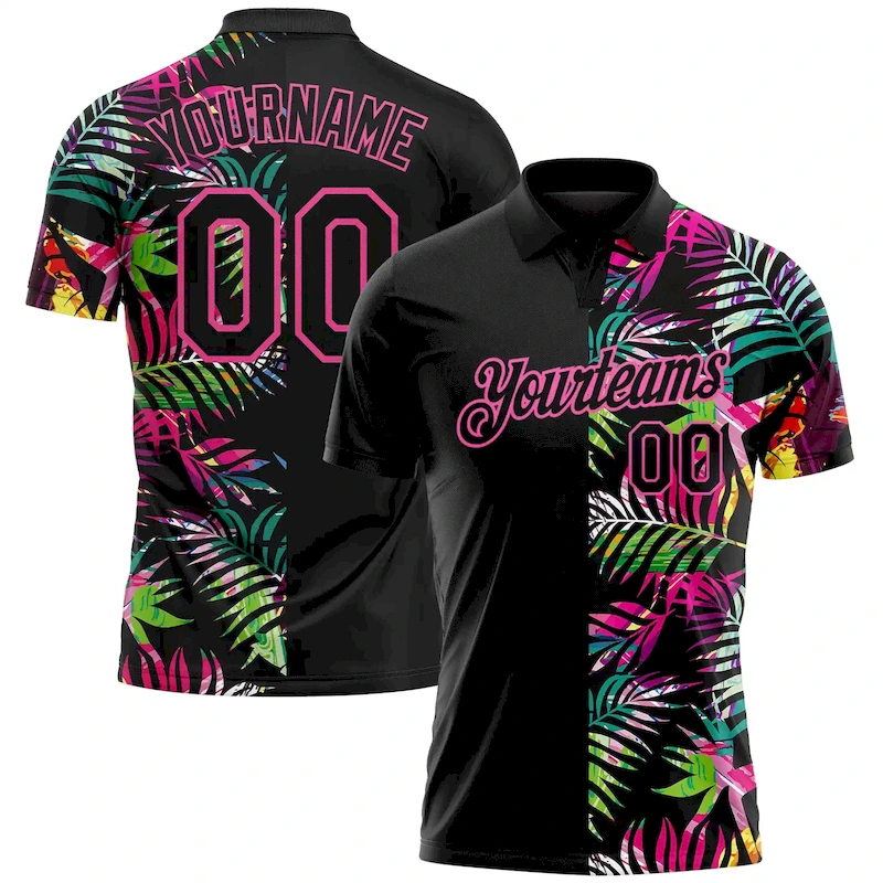 GolfPolo0384.webp Custom Black Pink 3D Pattern Design Tropical Hawaii Palm Leaves Performance Golf Polo Shirt - Image 1