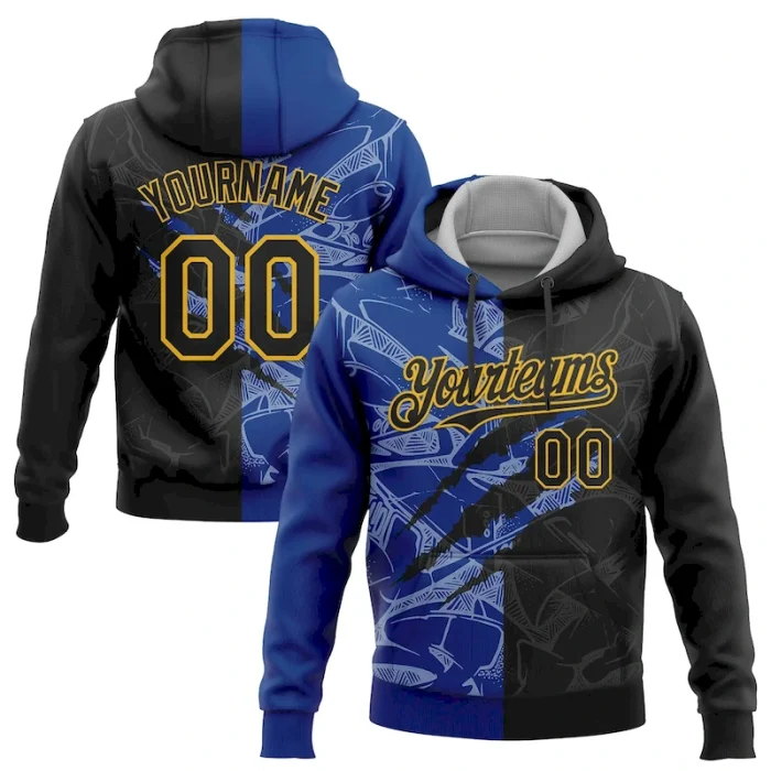 Custom Stitched Graffiti Pattern Black Royal-Gold 3D Scratch Sports Pullover Sweatshirt Hoodie - Image 1