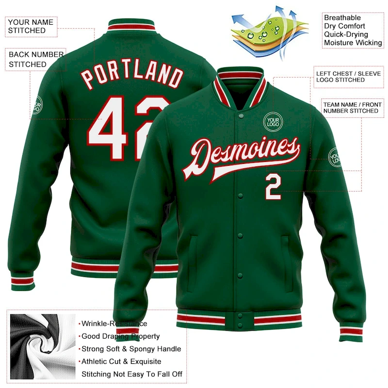 Jacket1109-2.webp Custom Kelly Green White-Red Bomber Full-Snap Varsity Letterman Jacket - Image 5