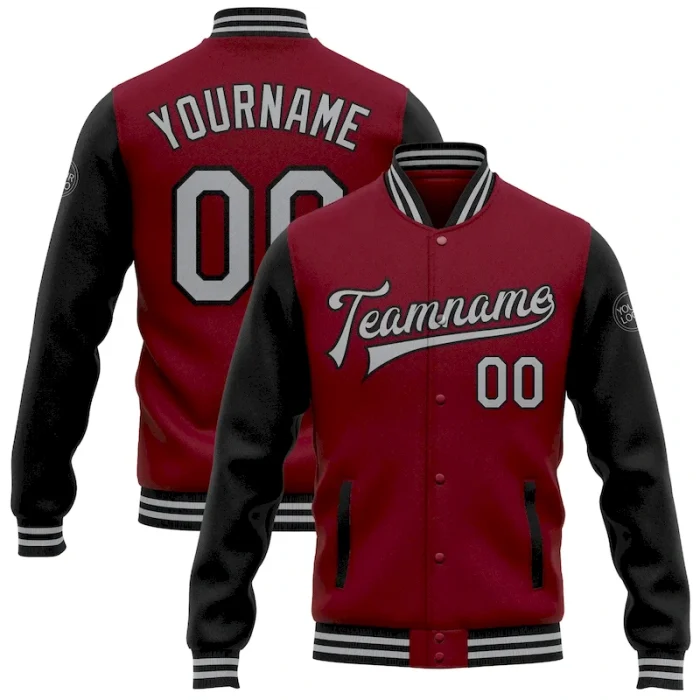 Custom Crimson Gray-Black Bomber Full-Snap Varsity Letterman Two Tone Jacket - Image 1