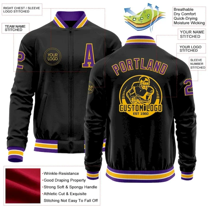 Custom Black Purple-Gold Bomber Varsity Letterman Zipper Jacket - Image 3