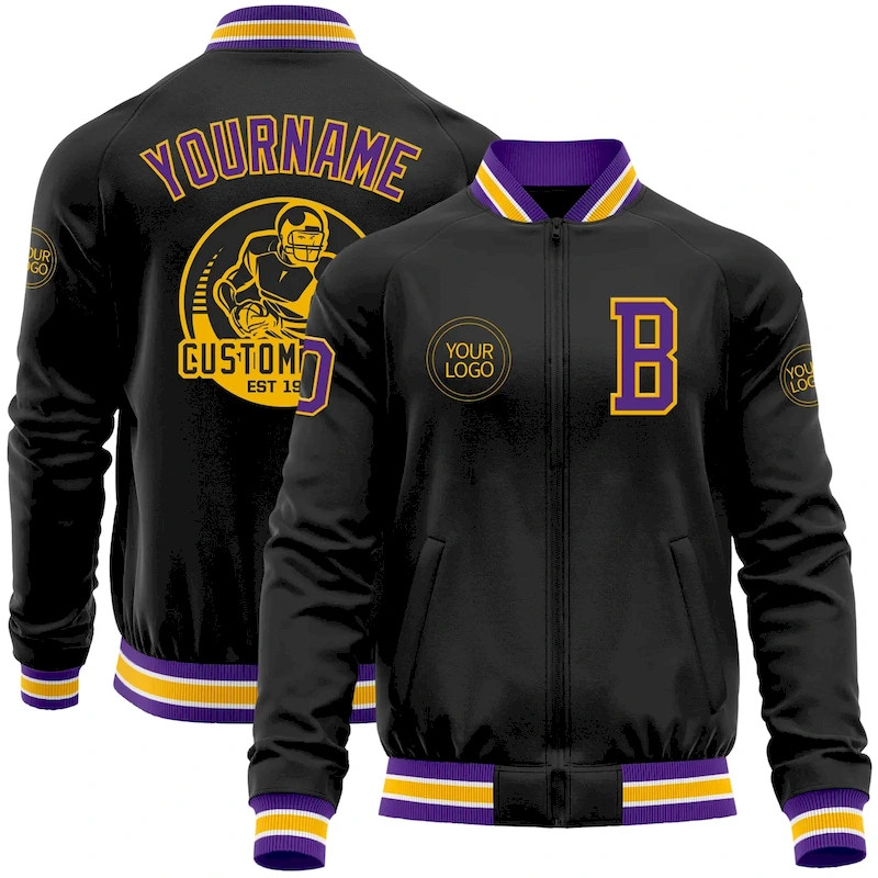 Jacket3862.webp Custom Black Purple-Gold Bomber Varsity Letterman Zipper Jacket - Image 1