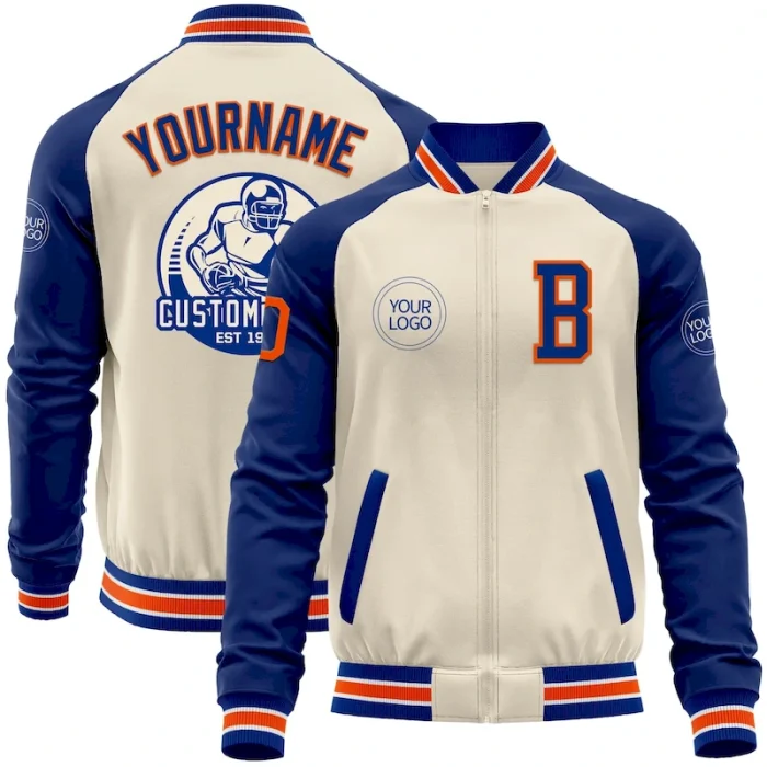 Custom Cream Orange Royal-White Bomber Varsity Letterman Two Tone Zipper Jacket - Image 1