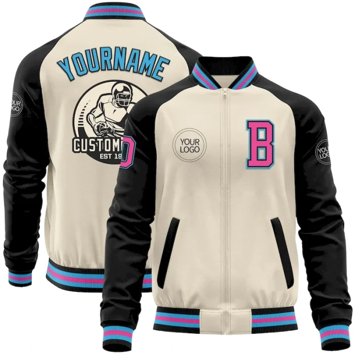 Custom Cream Pink Black-Sky Blue Bomber Varsity Letterman Two Tone Zipper Jacket - Image 1