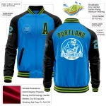Custom Powder Blue Neon Green-Black Bomber Varsity Letterman Two Tone Zipper Jacket - Image 3