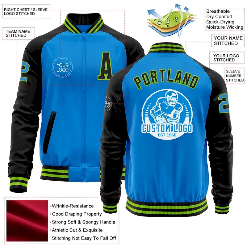Jacket5457-4.webp Custom Powder Blue Neon Green-Black Bomber Varsity Letterman Two Tone Zipper Jacket - Image 3