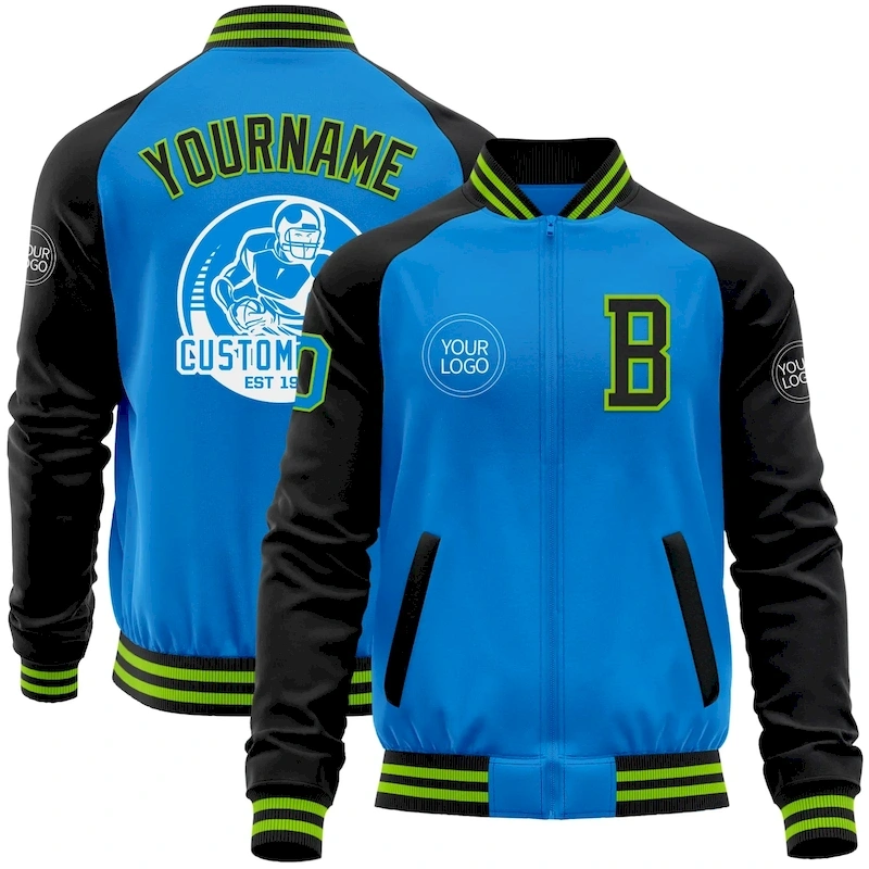 Jacket5457.webp Custom Powder Blue Neon Green-Black Bomber Varsity Letterman Two Tone Zipper Jacket - Image 1