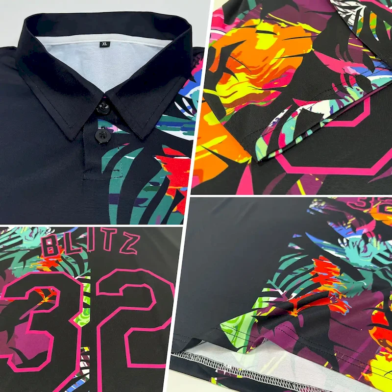 PH23080204.webp Custom Black Pink 3D Pattern Design Tropical Hawaii Palm Leaves Performance Golf Polo Shirt - Image 2