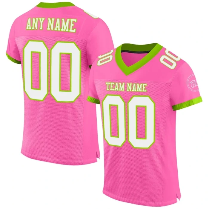 Custom Pink White-Neon Green Mesh Authentic Football Jersey - Image 1