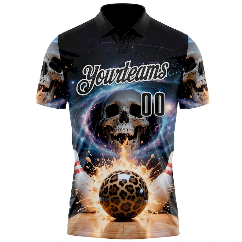 Polo1669-1.webp Custom Black White 3D Galaxy Splash Leopard Print Skull Bowling Performance Polo Shirt - Image 2