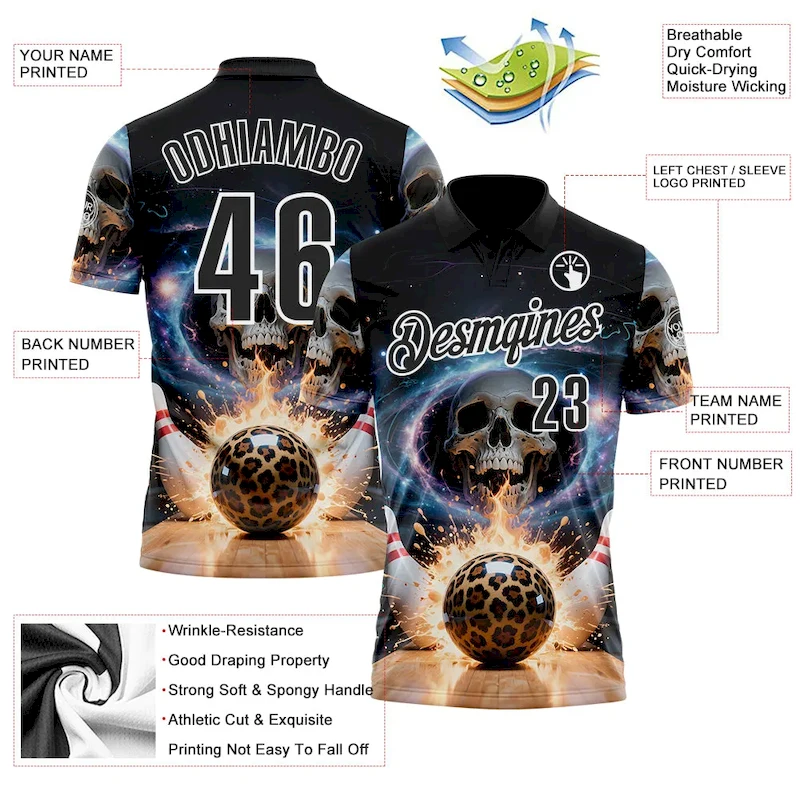 Polo1669-2.webp Custom Black White 3D Galaxy Splash Leopard Print Skull Bowling Performance Polo Shirt - Image 3