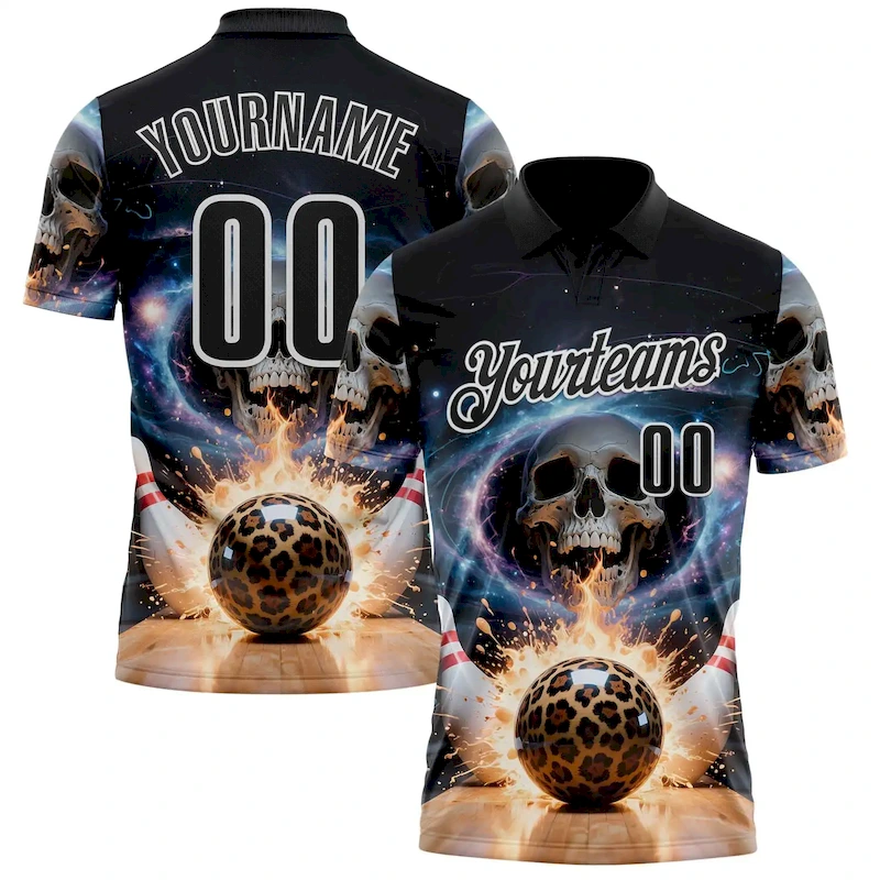 Polo1669.webp Custom Black White 3D Galaxy Splash Leopard Print Skull Bowling Performance Polo Shirt - Image 1