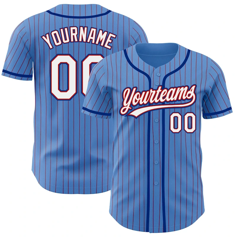 PowderBlue0232.webp Custom Powder Blue Red Pinstripe White-Royal Authentic Baseball Jersey - Image 1