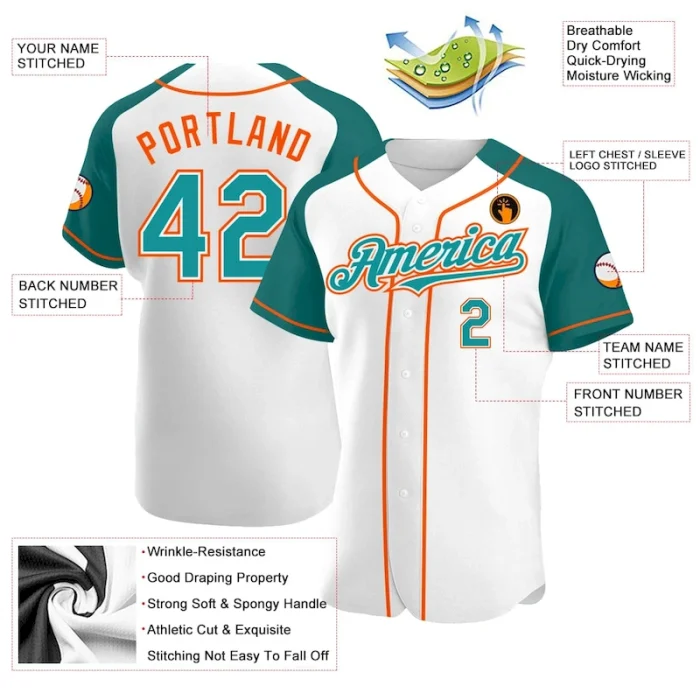 Custom White Teal-Orange Authentic Raglan Sleeves Baseball Jersey - Image 3