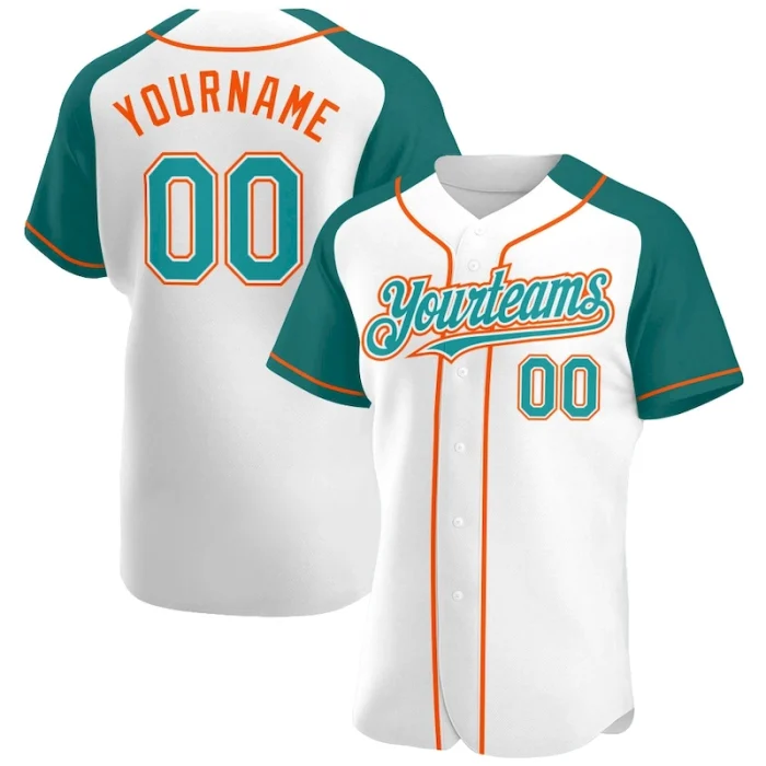 Custom White Teal-Orange Authentic Raglan Sleeves Baseball Jersey - Image 1