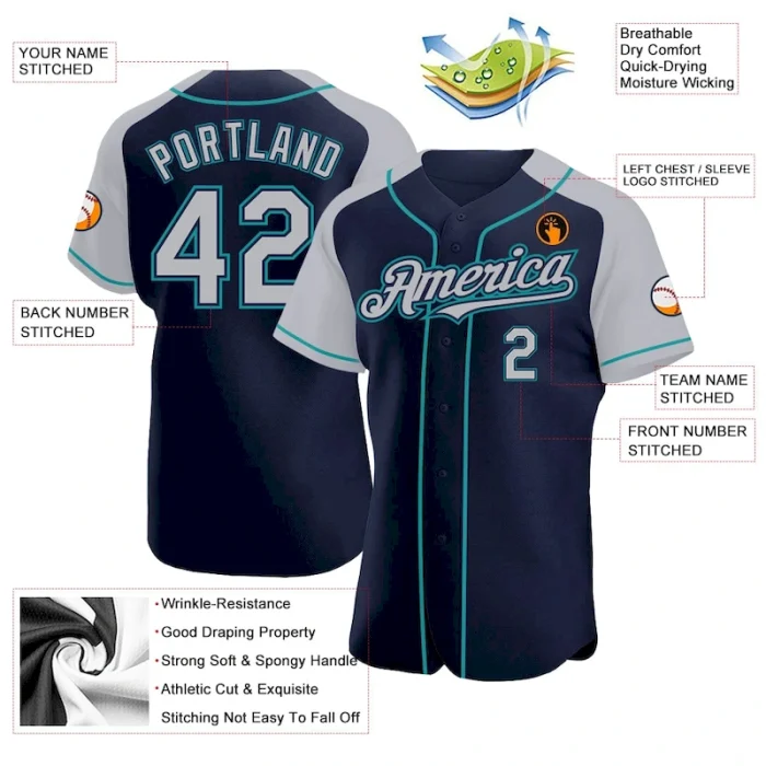 Custom Navy Gray-Teal Authentic Raglan Sleeves Baseball Jersey - Image 3