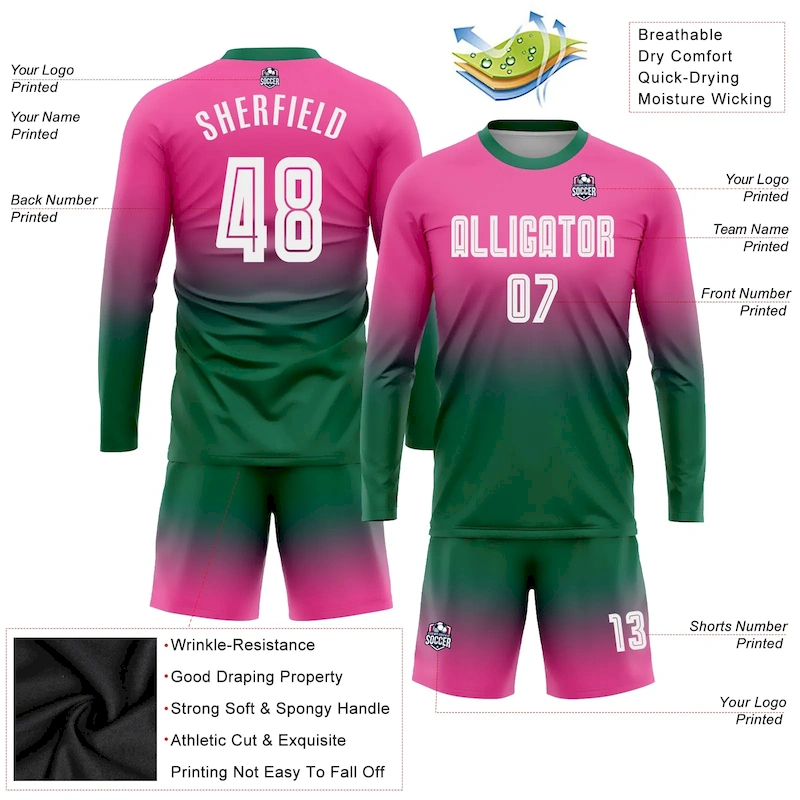 Soccer0446-2.webp Custom Pink White-Kelly Green Sublimation Long Sleeve Fade Fashion Soccer Uniform Jersey - Image 3