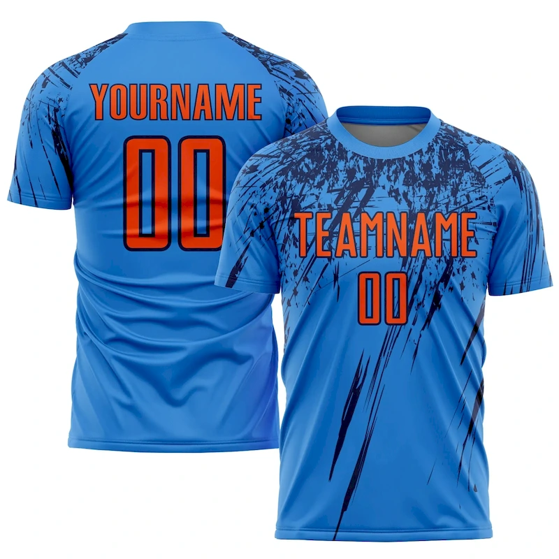 Soccer0857.webp Custom Powder Blue Orange-Navy Sublimation Soccer Uniform Jersey - Image 1