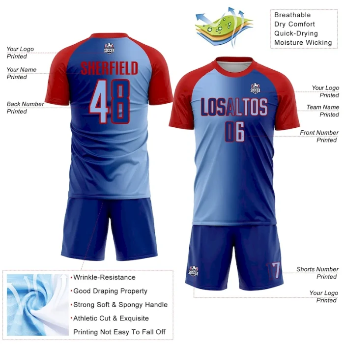 Custom Royal Light Blue-Red Sublimation Gradient Fashion Soccer Uniform Jersey - Image 4