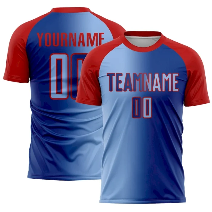 Custom Royal Light Blue-Red Sublimation Gradient Fashion Soccer Uniform Jersey - Image 1