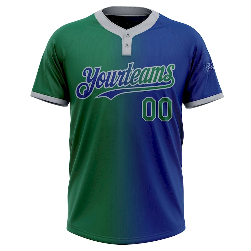Softball1436-1.webp Custom Royal Kelly Green-Gray Gradient Fashion Two-Button Unisex Softball Jersey - Image 2