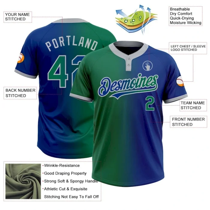 Custom Royal Kelly Green-Gray Gradient Fashion Two-Button Unisex Softball Jersey - Image 3