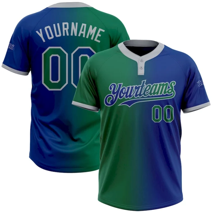 Custom Royal Kelly Green-Gray Gradient Fashion Two-Button Unisex Softball Jersey - Image 1