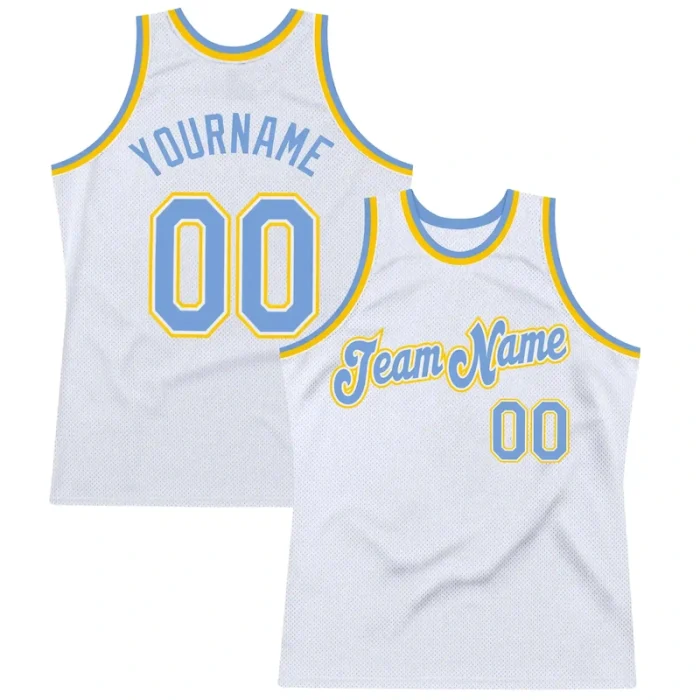 Custom White Light Blue-Gold Authentic Throwback Basketball Jersey - Image 1